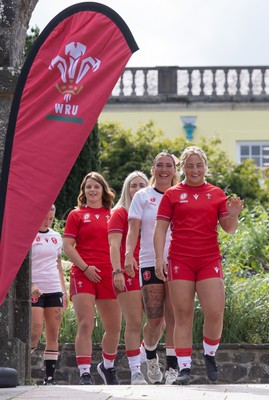 150725 - Wales Women Women’s Rugby World Cup 2025 Kit Launch, National Botanical Gardens of Wales - Wales players Molly Reardon, Georgia Evans Alex Callender and Kate Williams at the launch of the Wales Women’s Rugby World Cup kit at the National Botanical Gardens of Wales