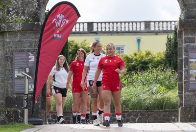 150725 - Wales Women Women’s Rugby World Cup 2025 Kit Launch, National Botanical Gardens of Wales - Wales players Molly Reardon, Georgia Evans Kate Williams and Maisie Davies at the launch of the Wales Women’s Rugby World Cup kit at the National Botanical Gardens of Wales