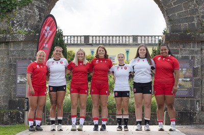 150725 - Wales Women Women’s Rugby World Cup 2025 Kit Launch, National Botanical Gardens of Wales - Wales players, left to right, Molly Reardon, Georgia Evans, Alex Callender, Kate Williams, Keira Bevan, Maisie Davies and Sisilia Tuipulotu at the launch of the Wales Women’s Rugby World Cup kit