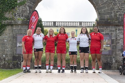 150725 - Wales Women Women’s Rugby World Cup 2025 Kit Launch, National Botanical Gardens of Wales - Wales players, left to right, Molly Reardon, Georgia Evans, Alex Callender, Kate Williams, Keira Bevan, Maisie Davies and Sisilia Tuipulotu at the launch of the Wales Women’s Rugby World Cup kit