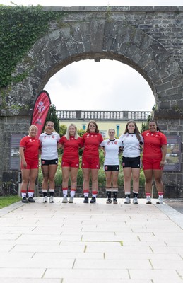 150725 - Wales Women Women’s Rugby World Cup 2025 Kit Launch, National Botanical Gardens of Wales - Wales players, left to right, Molly Reardon, Georgia Evans, Alex Callender, Kate Williams, Keira Bevan Maisie Davies and Sisilia Tuipulotu at the launch of the Wales Women’s Rugby World Cup kit