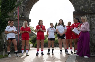 150725 - Wales Women Women’s Rugby World Cup 2025 Kit Launch, National Botanical Gardens of Wales - Wales players Georgia Evans, Alex Callender, Kate Williams, Keira Beva, Maisie Davies, Molly Reardon ands Sisilia Tuipulotu at the launch of the Wales Women’s Rugby World Cup kit at the National Botanical Gardens of Wales
