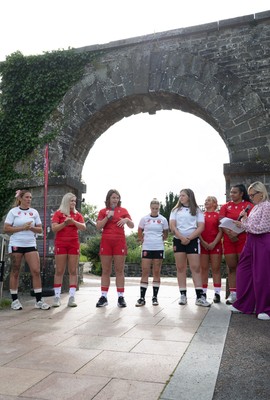 150725 - Wales Women Women’s Rugby World Cup 2025 Kit Launch, National Botanical Gardens of Wales - Wales players Georgia Evans, Alex Callender, Kate Williams, Keira Beva, Maisie Davies, Molly Reardon ands Sisilia Tuipulotu at the launch of the Wales Women’s Rugby World Cup kit at the National Botanical Gardens of Wales