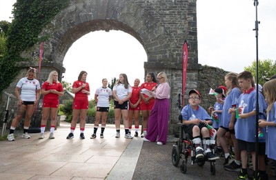 150725 - Wales Women Women’s Rugby World Cup 2025 Kit Launch, National Botanical Gardens of Wales - Wales players Georgia Evans, Alex Callender, Kate Williams, Keira Beva, Maisie Davies, Molly Reardon ands Sisilia Tuipulotu at the launch of the Wales Women’s Rugby World Cup kit at the National Botanical Gardens of Wales