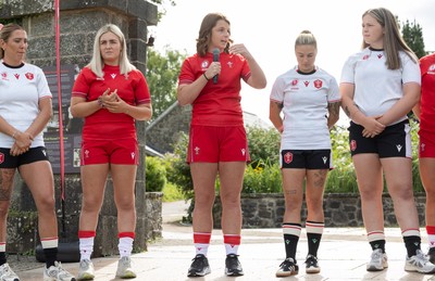 150725 - Wales Women Women’s Rugby World Cup 2025 Kit Launch, National Botanical Gardens of Wales - Wales players Georgia Evans, Alex Callender, Kate Williams, Keira Beva, Maisie Davies, Molly Reardon ands Sisilia Tuipulotu at the launch of the Wales Women’s Rugby World Cup kit at the National Botanical Gardens of Wales