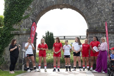 150725 - Wales Women Women’s Rugby World Cup 2025 Kit Launch, National Botanical Gardens of Wales - Wales players Georgia Evans, Alex Callender, Kate Williams, Keira Beva, Maisie Davies, Molly Reardon ands Sisilia Tuipulotu at the launch of the Wales Women’s Rugby World Cup kit at the National Botanical Gardens of Wales