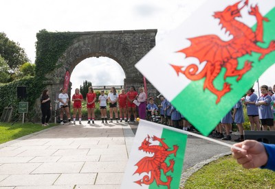 150725 - Wales Women Women’s Rugby World Cup 2025 Kit Launch, National Botanical Gardens of Wales - Wales players Georgia Evans, Alex Callender, Kate Williams, Keira Beva, Maisie Davies, Molly Reardon ands Sisilia Tuipulotu at the launch of the Wales Women’s Rugby World Cup kit at the National Botanical Gardens of Wales
