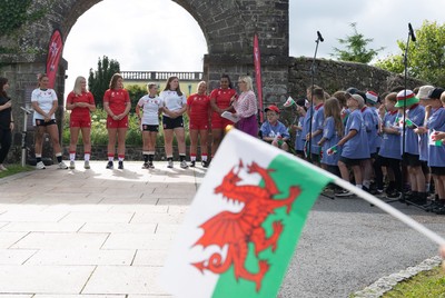 150725 - Wales Women Women’s Rugby World Cup 2025 Kit Launch, National Botanical Gardens of Wales - Wales players Georgia Evans, Alex Callender, Kate Williams, Keira Beva, Maisie Davies, Molly Reardon ands Sisilia Tuipulotu at the launch of the Wales Women’s Rugby World Cup kit at the National Botanical Gardens of Wales
