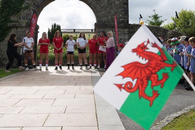 150725 - Wales Women Women’s Rugby World Cup 2025 Kit Launch, National Botanical Gardens of Wales - Wales players Georgia Evans, Alex Callender, Kate Williams, Keira Beva, Maisie Davies, Molly Reardon ands Sisilia Tuipulotu at the launch of the Wales Women’s Rugby World Cup kit at the National Botanical Gardens of Wales
