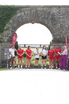 150725 - Wales Women Women’s Rugby World Cup 2025 Kit Launch, National Botanical Gardens of Wales - Wales players Georgia Evans, Alex Callender, Kate Williams, Keira Beva, Maisie Davies, Molly Reardon ands Sisilia Tuipulotu at the launch of the Wales Women’s Rugby World Cup kit at the National Botanical Gardens of Wales