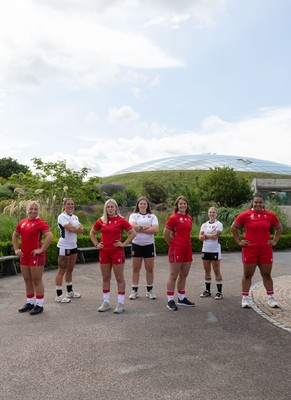 150725 - Wales Women Women’s Rugby World Cup 2025 Kit Launch, National Botanical Gardens of Wales - Wales players, left to right, Molly Reardon, Georgia Evans, Alex Callender, Maisie Davies, Kate Williams, Keira Bevan and Sisilia Tuipulotu at the launch of the Wales Women’s Rugby World Cup kit at the National Botanical Gardens of Wales