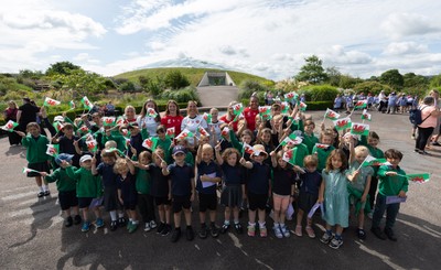 150725 - Wales Women Women’s Rugby World Cup 2025 Kit Launch, National Botanical Gardens of Wales - Wales players, join with schoolchildren at the launch of the Wales Women’s Rugby World Cup kit at the National Botanical Gardens of Wales
