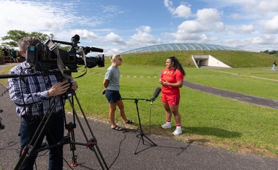 150725 - Wales Women Women’s Rugby World Cup 2025 Kit Launch, National Botanical Gardens of Wales - Sisilia Tuipulotu gives media interview at the launch of the Wales Women’s Rugby World Cup kit at the National Botanical Gardens of Wales