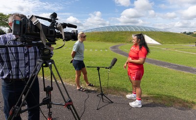 150725 - Wales Women Women’s Rugby World Cup 2025 Kit Launch, National Botanical Gardens of Wales - Sisilia Tuipulotu gives media interview at the launch of the Wales Women’s Rugby World Cup kit at the National Botanical Gardens of Wales
