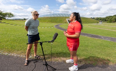 150725 - Wales Women Women’s Rugby World Cup 2025 Kit Launch, National Botanical Gardens of Wales - Sisilia Tuipulotu gives media interview at the launch of the Wales Women’s Rugby World Cup kit at the National Botanical Gardens of Wales