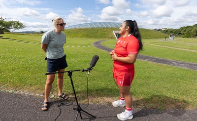 150725 - Wales Women Women’s Rugby World Cup 2025 Kit Launch, National Botanical Gardens of Wales - Sisilia Tuipulotu gives media interview at the launch of the Wales Women’s Rugby World Cup kit at the National Botanical Gardens of Wales