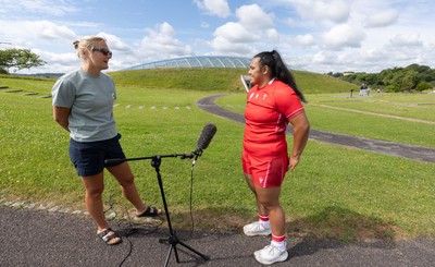 150725 - Wales Women Women’s Rugby World Cup 2025 Kit Launch, National Botanical Gardens of Wales - Sisilia Tuipulotu gives media interview at the launch of the Wales Women’s Rugby World Cup kit at the National Botanical Gardens of Wales