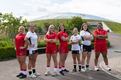 150725 - Wales Women Women’s Rugby World Cup 2025 Kit Launch, National Botanical Gardens of Wales - Wales players, left to right, Molly Reardon, Georgia Evans, Alex Callender, Kate Williams, Keira Bevan, Maisie Davies and Sisilia Tuipulotu at the launch of the Wales Women’s Rugby World Cup kit at the National Botanical Gardens of Wales