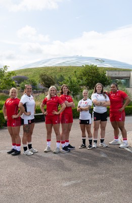 150725 - Wales Women Women’s Rugby World Cup 2025 Kit Launch, National Botanical Gardens of Wales - Wales players, left to right, Molly Reardon, Georgia Evans, Alex Callender, Kate Williams, Keira Bevan, Maisie Davies and Sisilia Tuipulotu at the launch of the Wales Women’s Rugby World Cup kit at the National Botanical Gardens of Wales