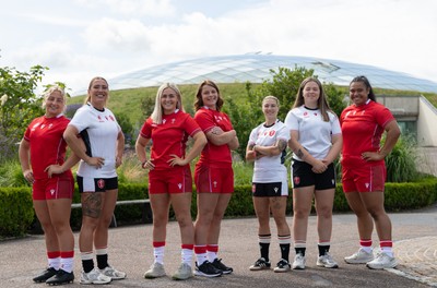 150725 - Wales Women Women’s Rugby World Cup 2025 Kit Launch, National Botanical Gardens of Wales - Wales players, left to right, Molly Reardon, Georgia Evans, Alex Callender, Kate Williams, Keira Bevan, Maisie Davies and Sisilia Tuipulotu at the launch of the Wales Women’s Rugby World Cup kit at the National Botanical Gardens of Wales