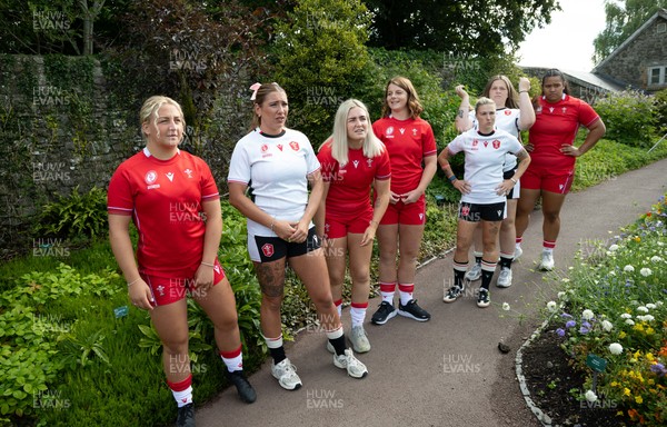 150725 - Wales Women Women’s Rugby World Cup 2025 Kit Launch, National Botanical Gardens of Wales - Wales players Molly Reardon, Georgia Evans, Alex Callender, Kate Williams, Keira Bevan, Maisie Davies and Sisilia Tuipulotu at the launch of the Wales Women’s Rugby World Cup kit at the National Botanical Gardens of Wales