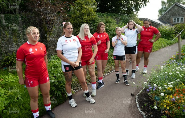 150725 - Wales Women Women’s Rugby World Cup 2025 Kit Launch, National Botanical Gardens of Wales - Wales players Molly Reardon, Georgia Evans, Alex Callender, Kate Williams, Keira Bevan, Maisie Davies and Sisilia Tuipulotu at the launch of the Wales Women’s Rugby World Cup kit at the National Botanical Gardens of Wales