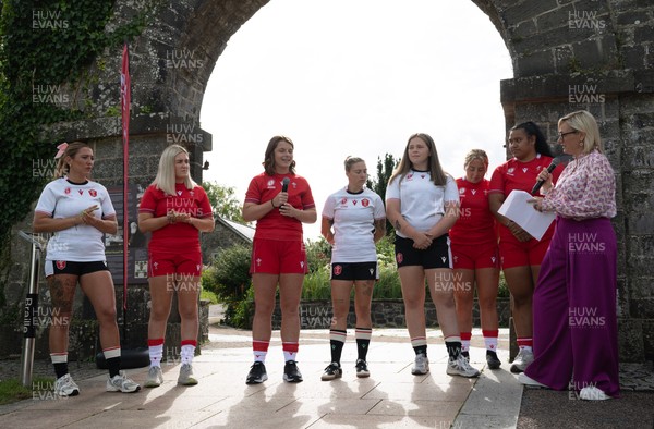 150725 - Wales Women Women’s Rugby World Cup 2025 Kit Launch, National Botanical Gardens of Wales - Wales players Georgia Evans, Alex Callender, Kate Williams, Keira Beva, Maisie Davies, Molly Reardon ands Sisilia Tuipulotu at the launch of the Wales Women’s Rugby World Cup kit at the National Botanical Gardens of Wales