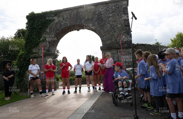 150725 - Wales Women Women’s Rugby World Cup 2025 Kit Launch, National Botanical Gardens of Wales - Wales players Georgia Evans, Alex Callender, Kate Williams, Keira Beva, Maisie Davies, Molly Reardon ands Sisilia Tuipulotu at the launch of the Wales Women’s Rugby World Cup kit at the National Botanical Gardens of Wales