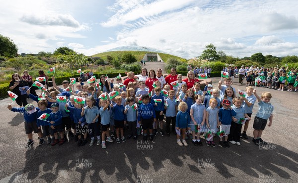 150725 - Wales Women Women’s Rugby World Cup 2025 Kit Launch, National Botanical Gardens of Wales - Wales players, join with schoolchildren at the launch of the Wales Women’s Rugby World Cup kit at the National Botanical Gardens of Wales