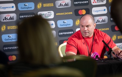 280825 - Wales Women Rugby World Cup Media Conference - Sean Lynn, Wales Women head coach during a Wales media conference ahead of their Women’s Rugby World Cup match against Canada