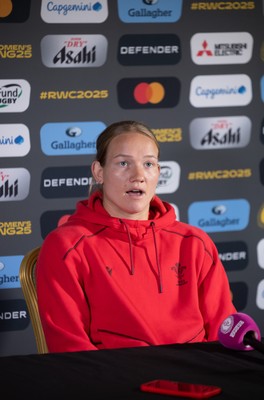 280825 - Wales Women Rugby World Cup Media Conference - Carys Cox during a Wales media conference ahead of their Women’s Rugby World Cup match against Canada