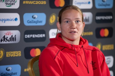 280825 - Wales Women Rugby World Cup Media Conference - Carys Cox during a Wales media conference ahead of their Women’s Rugby World Cup match against Canada
