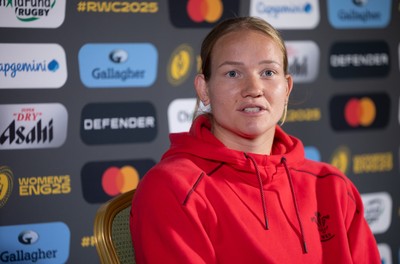 280825 - Wales Women Rugby World Cup Media Conference - Carys Cox during a Wales media conference ahead of their Women’s Rugby World Cup match against Canada