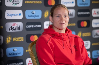 280825 - Wales Women Rugby World Cup Media Conference - Carys Cox during a Wales media conference ahead of their Women’s Rugby World Cup match against Canada