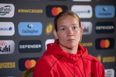 280825 - Wales Women Rugby World Cup Media Conference - Carys Cox during a Wales media conference ahead of their Women’s Rugby World Cup match against Canada