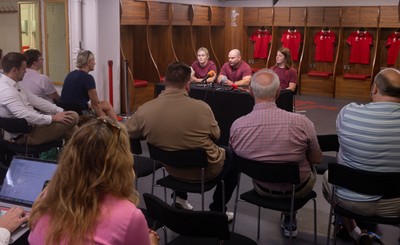 120825 - Wales Women Rugby World Cup Media Conference - Co captains Alex Callendar and Kate Williams with Sean Lynn, Wales Women head coach during a media conference at The Principality Stadium ahead of the Rugby World Cup