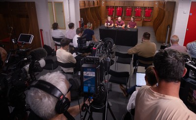 120825 - Wales Women Rugby World Cup Media Conference - Co captains Alex Callendar and Kate Williams with Sean Lynn, Wales Women head coach during a media conference at The Principality Stadium ahead of the Rugby World Cup