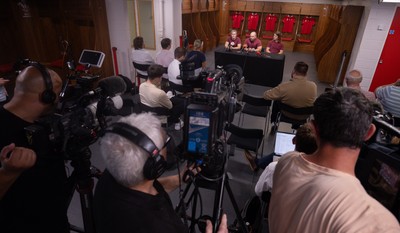 120825 - Wales Women Rugby World Cup Media Conference - Co captains Alex Callendar and Kate Williams with Sean Lynn, Wales Women head coach during a media conference at The Principality Stadium ahead of the Rugby World Cup