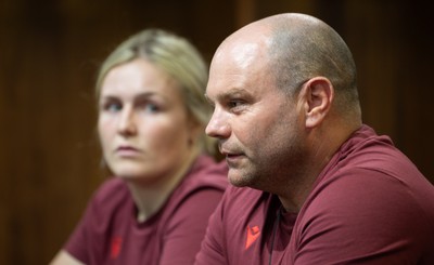 120825 - Wales Women Rugby World Cup Media Conference - Co captain Alex Callendar with Sean Lynn, Wales Women head coach, during a media conference at The Principality Stadium ahead of the Rugby World Cup