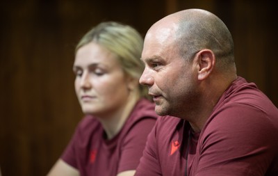 120825 - Wales Women Rugby World Cup Media Conference - Co captain Alex Callendar with Sean Lynn, Wales Women head coach, during a media conference at The Principality Stadium ahead of the Rugby World Cup