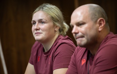 120825 - Wales Women Rugby World Cup Media Conference - Co captain Alex Callendar with Sean Lynn, Wales Women head coach, during a media conference at The Principality Stadium ahead of the Rugby World Cup