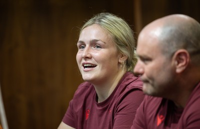 120825 - Wales Women Rugby World Cup Media Conference - Co captain Alex Callendar with Sean Lynn, Wales Women head coach, during a media conference at The Principality Stadium ahead of the Rugby World Cup