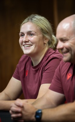 120825 - Wales Women Rugby World Cup Media Conference - Co captain Alex Callendar with Sean Lynn, Wales Women head coach, during a media conference at The Principality Stadium ahead of the Rugby World Cup