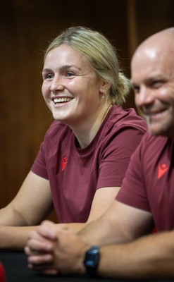 120825 - Wales Women Rugby World Cup Media Conference - Co captain Alex Callendar with Sean Lynn, Wales Women head coach, during a media conference at The Principality Stadium ahead of the Rugby World Cup