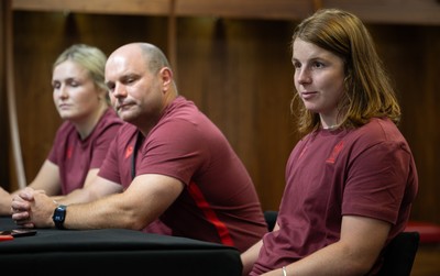 120825 - Wales Women Rugby World Cup Media Conference - Co captains Alex Callendar, left and Kate Williams with Sean Lynn, Wales Women head coach, during a media conference at The Principality Stadium ahead of the Rugby World Cup