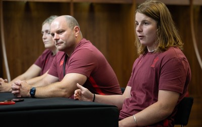 120825 - Wales Women Rugby World Cup Media Conference - Co captains Alex Callendar, left and Kate Williams with Sean Lynn, Wales Women head coach, during a media conference at The Principality Stadium ahead of the Rugby World Cup