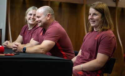 120825 - Wales Women Rugby World Cup Media Conference - Co captains Alex Callendar, left and Kate Williams with Sean Lynn, Wales Women head coach, during a media conference at The Principality Stadium ahead of the Rugby World Cup