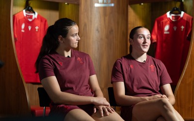 120825 - Wales Women Rugby World Cup Media Conference - Sisters Branwen Metcalfe and Nel Metcalfe during a media conference at The Principality Stadium ahead of the Rugby World Cup