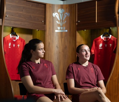 120825 - Wales Women Rugby World Cup Media Conference - Sisters Branwen Metcalfe and Nel Metcalfe during a media conference at The Principality Stadium ahead of the Rugby World Cup