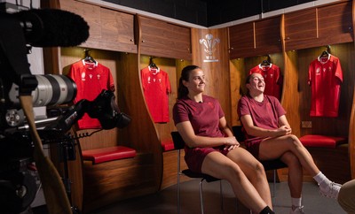 120825 - Wales Women Rugby World Cup Media Conference - Sisters Branwen Metcalfe and Nel Metcalfe during a media conference at The Principality Stadium ahead of the Rugby World Cup